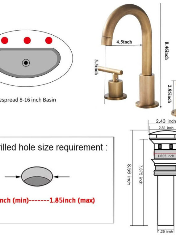 Antique Brass Widespread Bathroom Faucet with Drain Assembly